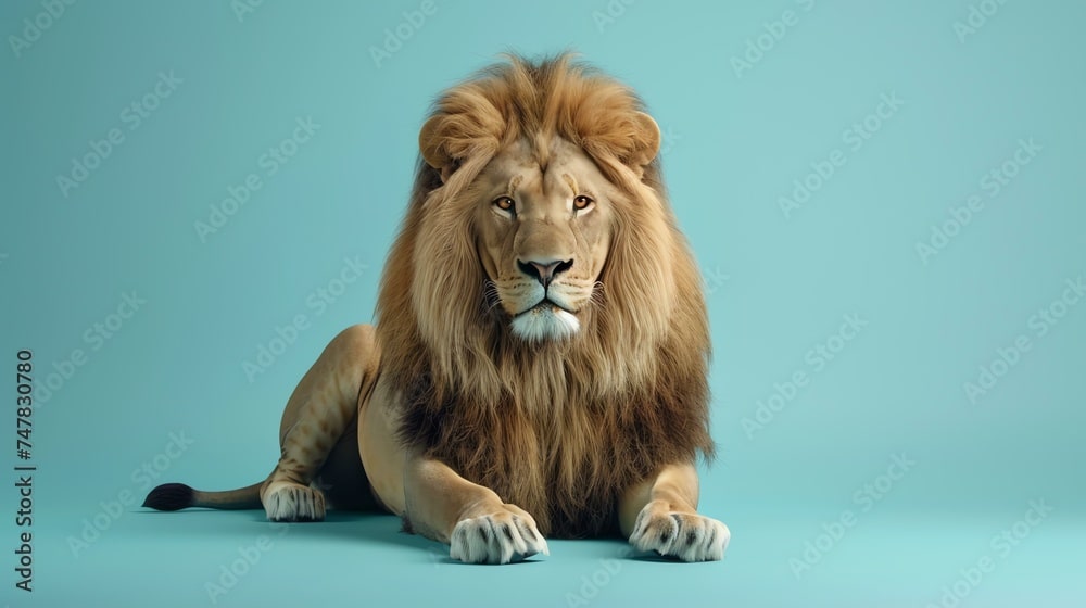 A majestic lion sits on a blue background. The lion is looking at the camera with a serious expression. The lion's mane is blowing in the wind.